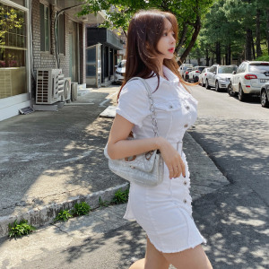 Summer style Korean style slim single breasted belt waist pack hip dress