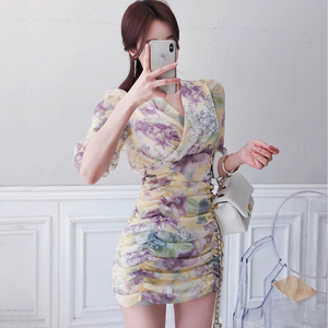 Summer new style Korean style V-neck Slim printing hip pack fashion dress