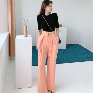 Two piece summer suit Korean casual fit T-shirt knitted thin Pants Set female