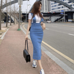 Korean casual temperament medium length denim skirt fashion slit wrap hip strap skirt