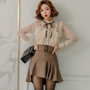 Two piece Korean style slim stand collar lace shirt top Ruffle Skirt Suit for women