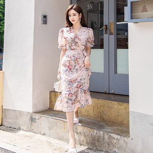 Summer Korean style mid length lace up Waist Chiffon printed Ruffle Dress