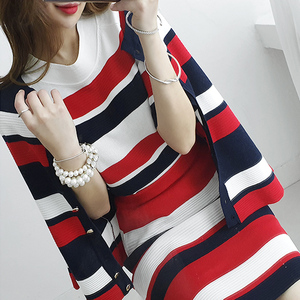 Three piece autumn dress Korean style striped knitted fashion cardigan with Hip Wrap Skirt Set