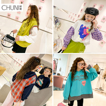 Chunni girls sweater 2021 new spring dress big childrens stitching foreign style spring and autumn personality coat Korean version tide