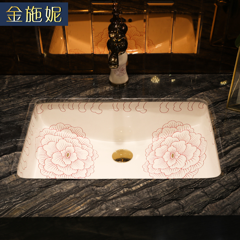 Flowers red line ceramic undercounter basin square embedded household balcony ceramic bathroom wash basin