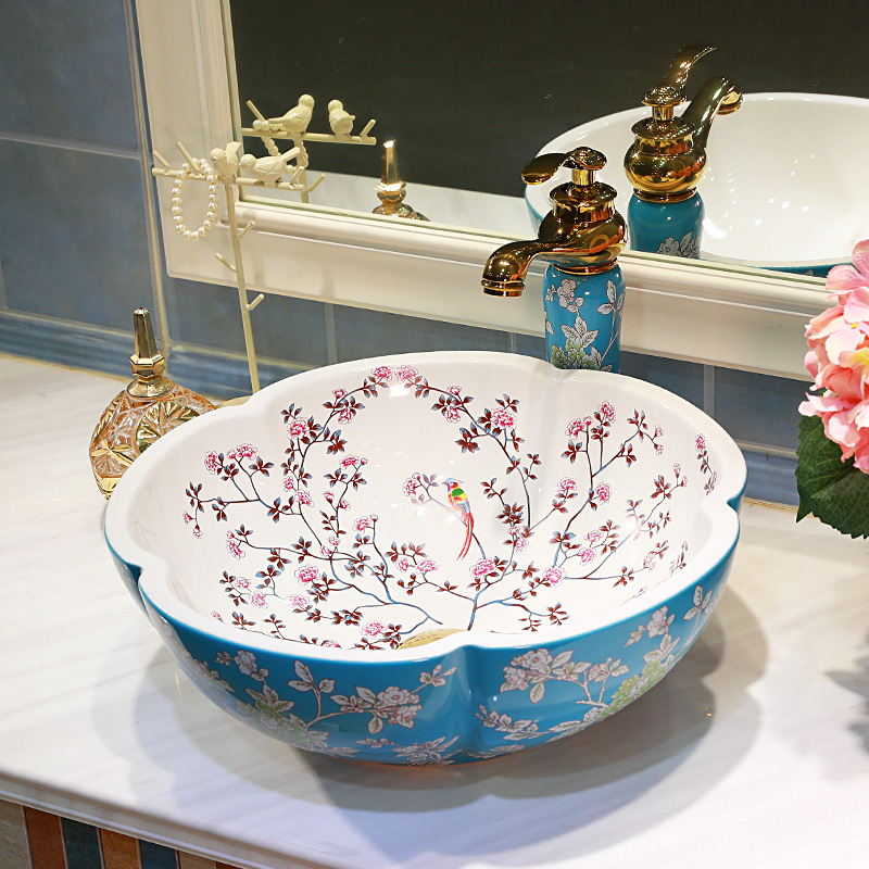 Gold cellnique art stage basin color ceramic lavatory installs bathroom sink rural painting of flowers and face plate