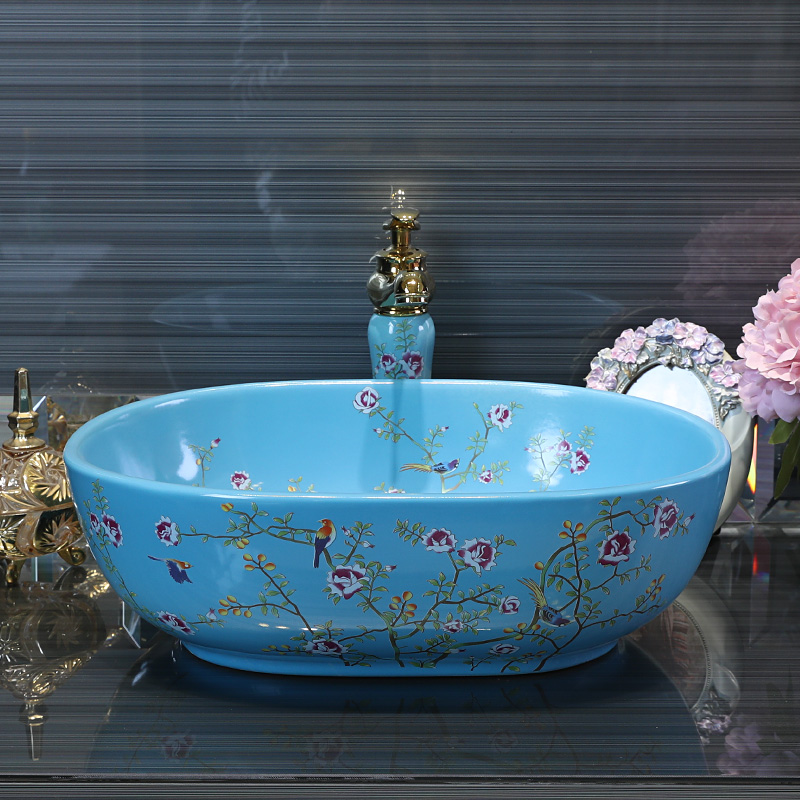 Gold cellnique colored flower stage basin ceramic lavatory oval blue wash basin sink fashion