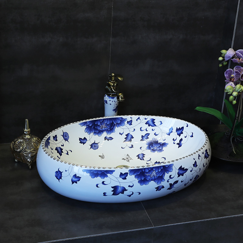 Gold cellnique bathroom sinks blue - and - white lavabo ceramic art basin of Chinese style antique small round sink