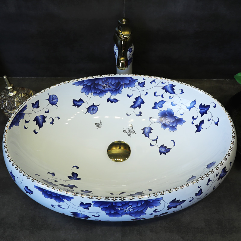 Gold cellnique bathroom sinks blue - and - white lavabo ceramic art basin of Chinese style antique small round sink