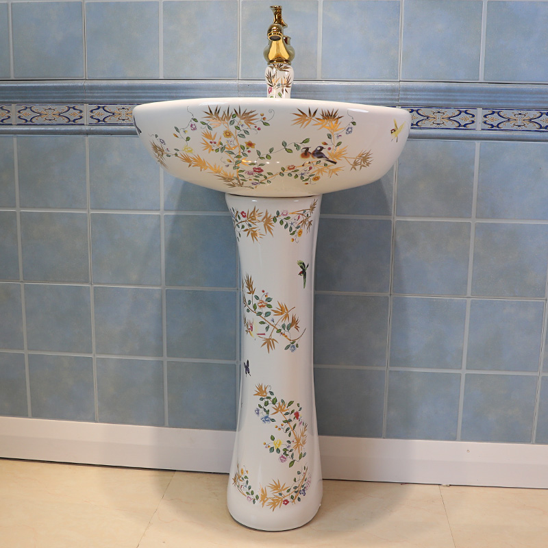 Gold cellnique art pillar basin ceramic lavatory basin contracted STDS hand one - piece modern flowers and birds