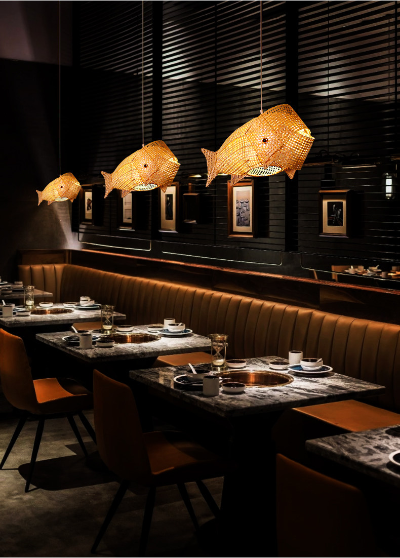 鱼形吊灯鲤鱼灯中式竹编餐厅吊灯火锅店饭店创意个性日式料理灯具