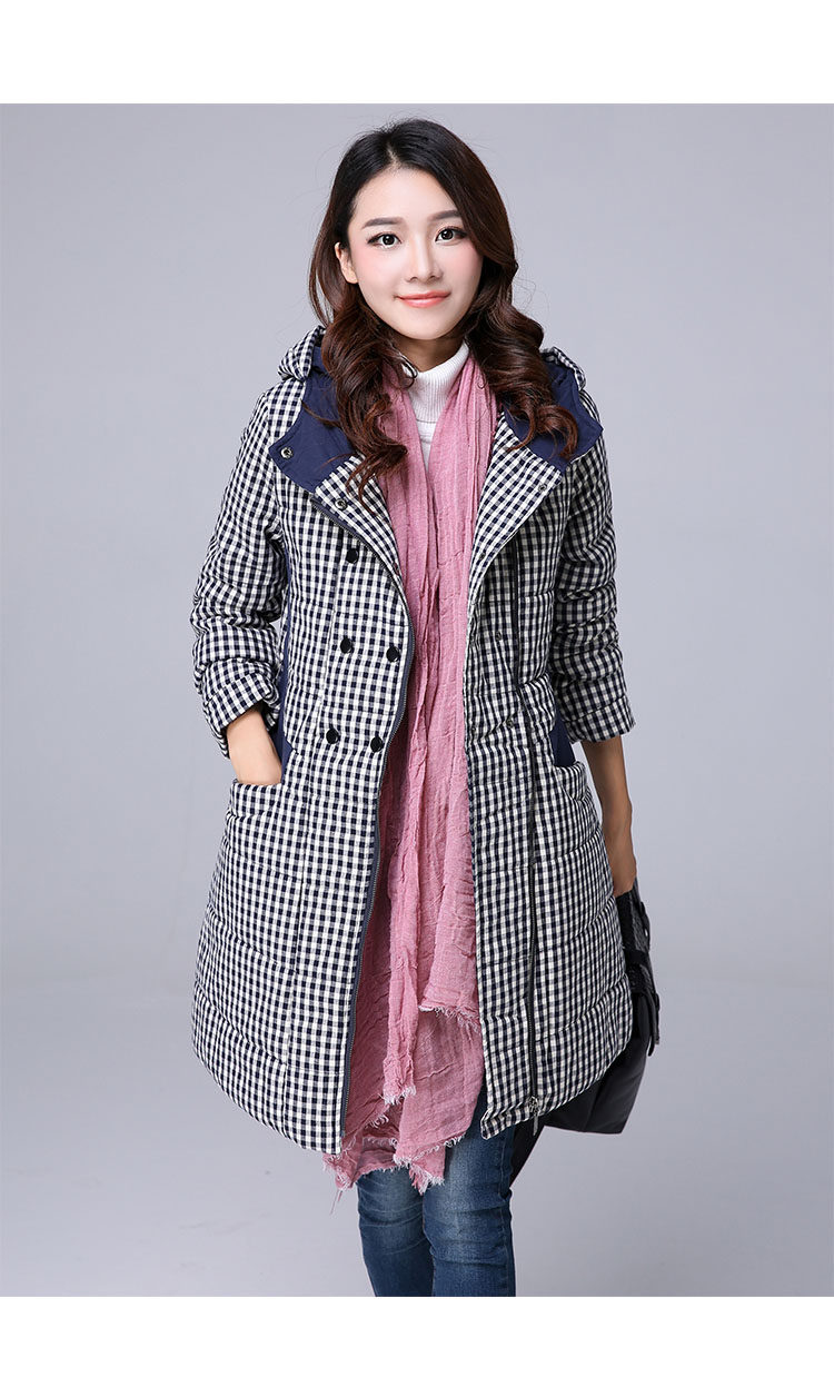 2015冬装新款加厚棉衣女民族风中长款棉服上衣连帽格子棉外套大衣