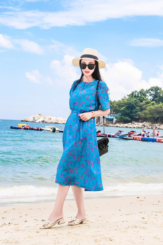 Ramie phong cách dân tộc ăn mặc mùa hè của phụ nữ bên bờ biển kỳ nghỉ in cotton và lanh váy dài cao cấp váy mỏng tính khí - Váy dài