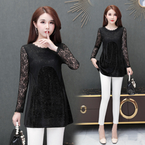 2021 autumn new size fat mm gold velvet long sleeve T-shirt female thin foreign atmosphere cover belly lace base shirt