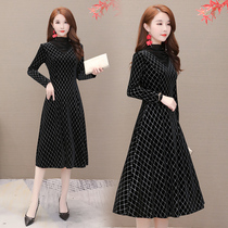 Your Lady golden velvet turtleneck dress autumn and winter plus velvet padded base long skirt high-end large size warm skirt women