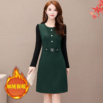 Large size womens winter clothing 2021 new velvet thickened slim long-sleeved bottom skirt wide lady temperament dress