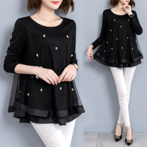 Base shirt womens long-sleeved chiffon top spring 2021 new fashion wild loose mesh beaded doll shirt