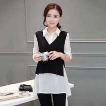 2021 spring new fake two-piece chiffon shirt medium-length shirt womens Korean version of large size loose thin chiffon top