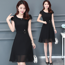 Chiffon dress long 2021 summer new large size womens fashion temperament waist slim short sleeve skirt