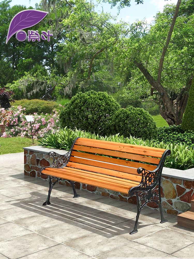Garden outdoor solid wood long chair Outdoor leisure backrest seat bench Outdoor Wrought iron park chair long chair