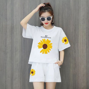 纯棉休闲运动服套装女夏2020小雏菊印花韩版宽松短袖短裤两件套