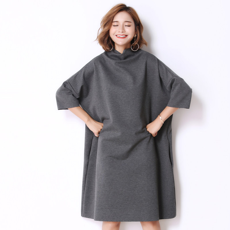 胖妹妹韩版春秋装半袖高领连衣裙200斤特大码女装蝙蝠袖a字套头裙_好