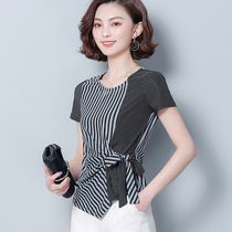 Vertical stripe T-shirt short sleeve womens 2021 new summer wear beveled edge color waist bow top lace up body shirt