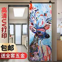 Custom color carving door Barn door Solid wood door Nordic hanging rail track sliding door Sliding door Kitchen bathroom door with lock