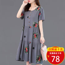 Middle-aged womens summer short-sleeved dress cotton and linen medium-length dress large size loose moms new style