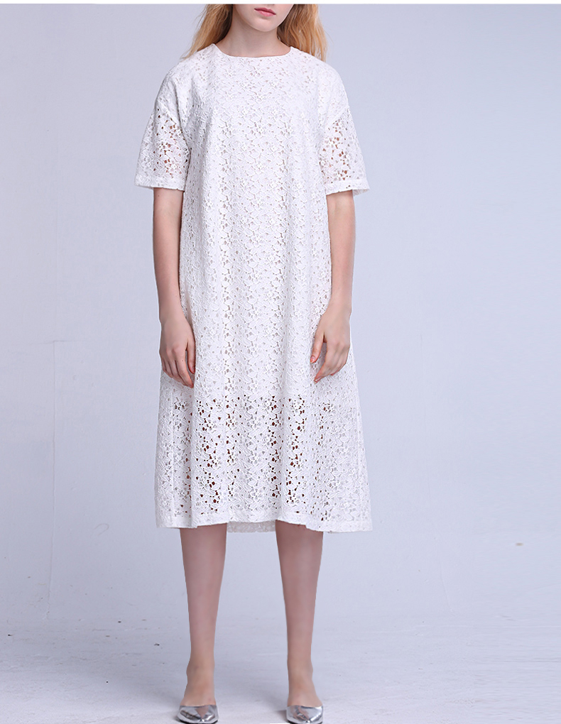 2017夏季新款 欧美白色蕾丝连衣裙中长款镂空