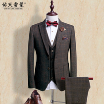 Groom suit suit Male wedding slim Korean version wedding dress Casual formal custom plaid suit three-piece suit