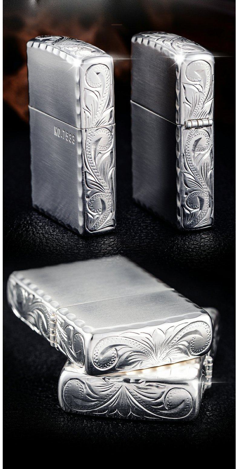打火机zippo正版纯银镀层收藏级原装正品三面环绕雕刻富贵花 龙zp