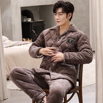 Autumn and winter mens pajamas coral velvet thickened plus velvet winter three-layer cotton home suit flannel warm set