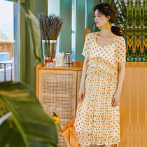 (Words wake up) pale yellow long dress female summer collar short sleeve wooden ear loose wave dot pleated medium long dress