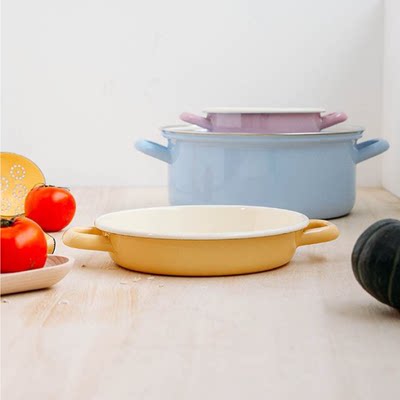 奥地利riess手工搪瓷珐琅圆形焗盘/双耳盘/烤盘蛋黄色 礼物_7折现价