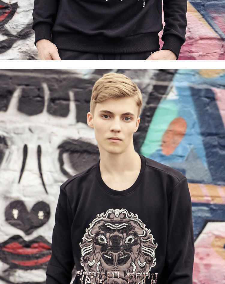 koyo时尚潮牌秋冬新品狮子头绣花字母钉珠贴男士纯棉圆领长袖卫衣