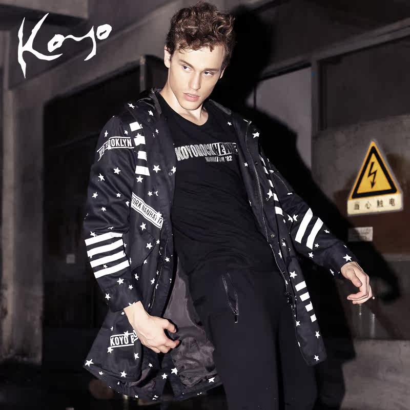 koyo时尚潮牌新品上市条纹星星印花男士连帽中长款纯棉潮风衣外套