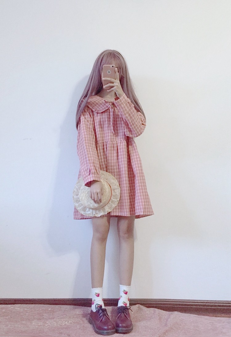 实价实拍~日系软妹学院风系带连衣裙甜美格子宽松长袖少女娃娃裙