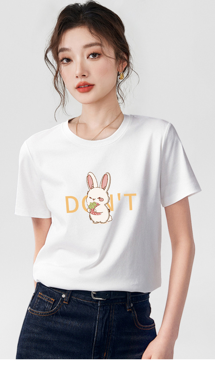 one more白色纯棉t恤护食兔兔愤怒表情印花夏季短袖宽松修身上衣