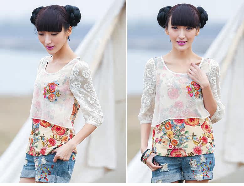 裂帛2016 圆领刺绣泡泡袖针织合体t恤