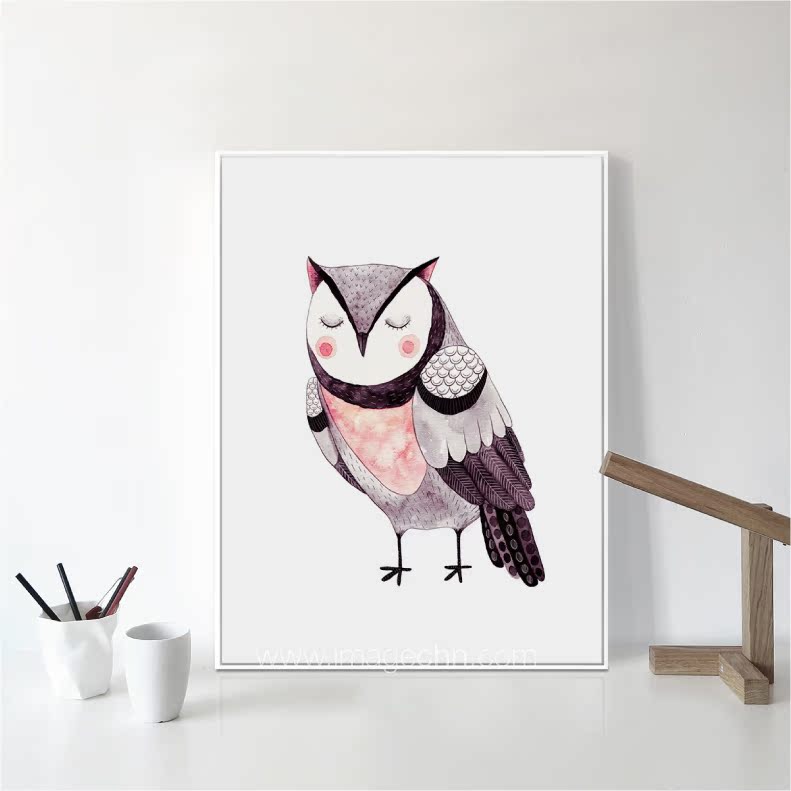 简优映画手绘猫头鹰彩色鸟儿童房卧室挂画 可爱卡通小清新装饰画