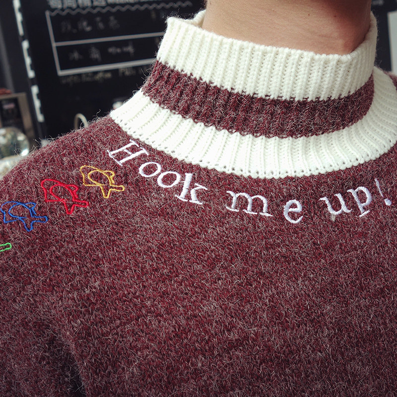 【masoweide服饰旗舰店】秋冬领口字母刺绣大码毛衣男韩版潮半高领套