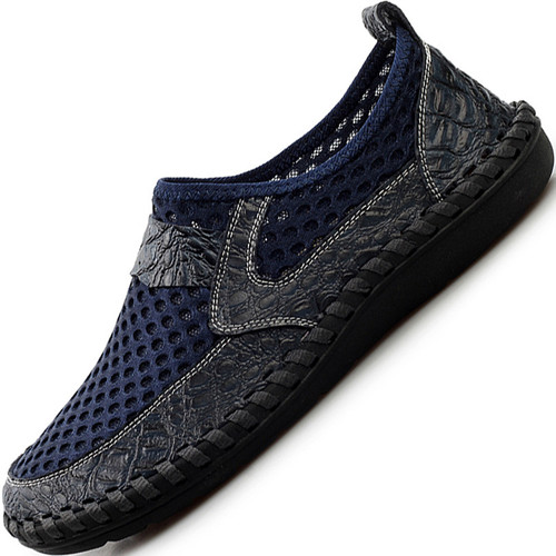 夏季透气懒人真皮鞋网鞋男士夏天中年男鞋子网面休闲网眼洞洞凉鞋_7折