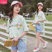 Big child girl Summer short sleeve T-shirt children Korean version of foreign style stripe half sleeve 2021 new fashionable