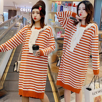 Maternity dress Maternity dress 2021 early spring new fashion Bao Ma loose thin striped knitted hooded dress