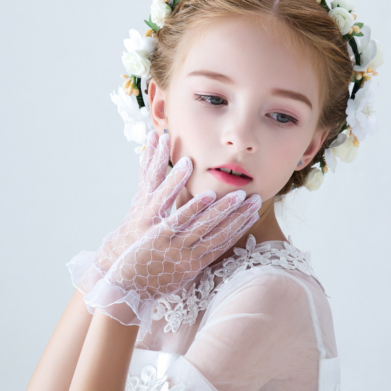 歌宴尔儿童婚纱礼服网眼弹力手套女童演出服配饰淑女网纱花童手套