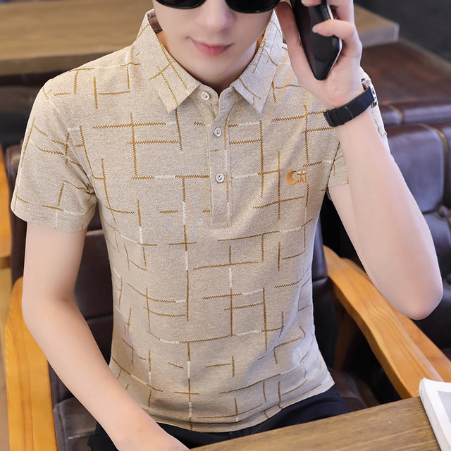 Summer pure cotton t-sleeved short-shirt youth small lapel POLO shirt business casual men's floral splicing T-shirt trendy
