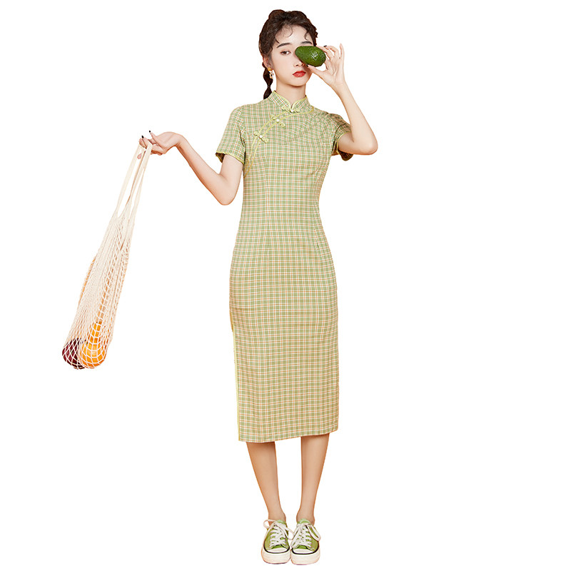现货实拍 格子旗袍中国风改良老上海年轻款少女复古民国女装