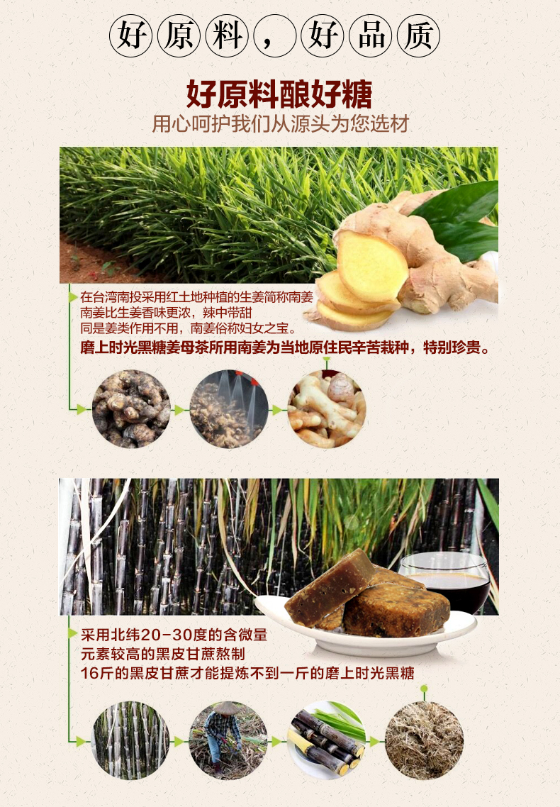 好原料好品质好原料酿好糖用心呵护我们从源头为您选材ESSAY在台湾南投采用红土地种植的生姜简称南姜南姜比生姜香味更浓,辣中带甜同是姜类作用不用,南姜俗称妇女之宝。磨上时光黑糖姜母茶所用南姜为当地原住民辛苦栽种,特别珍贵。采用北纬20-30度的含微量元素较高的黑皮甘蔗熬制16斤的黑皮甘蔗才能提炼不到一斤的磨上时光黑糖-推好价 | 品质生活 精选好价