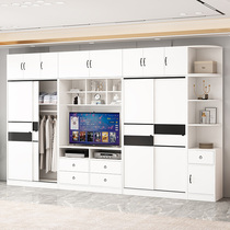 Push Ramen Wardrobe Solid Wood Home Bedroom TV Cabinet Integrated Wall Cabinet Small House Custom Moving Door Big Closet